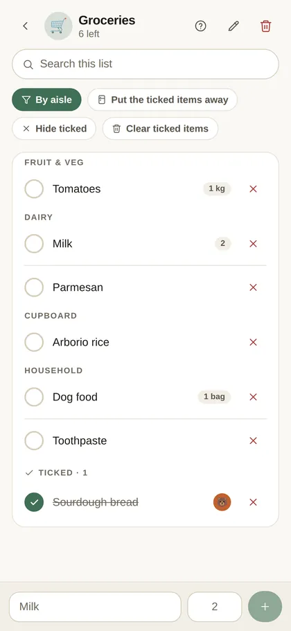 Screenshot — One shared shopping list