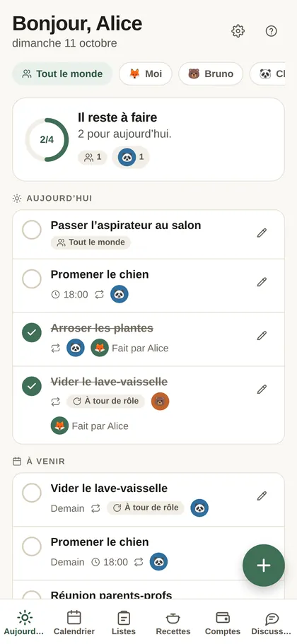 L’écran Aujourd’hui : les tâches du jour de chacun